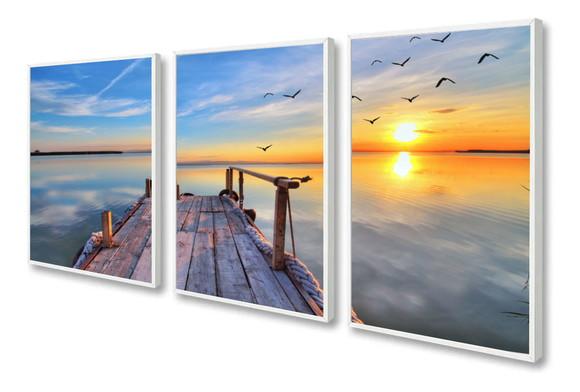 Kit 3 Quadros Decorativos Para Sala Pôr Do Sol Com Moldura