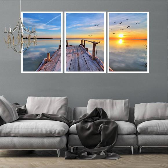 Kit 3 Quadros Decorativos Para Sala Pôr Do Sol Com Moldura
