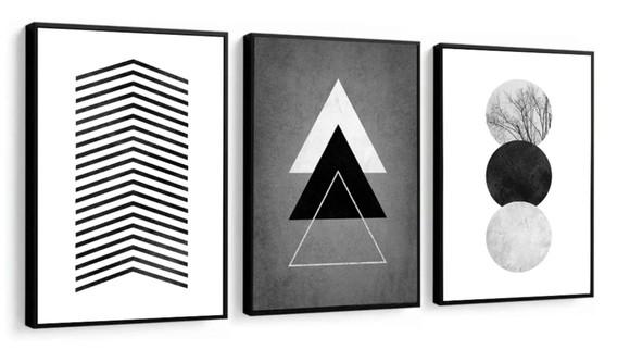 Kit 3 Quadros Decorativos Para Sala Preto e Branco Molduras
