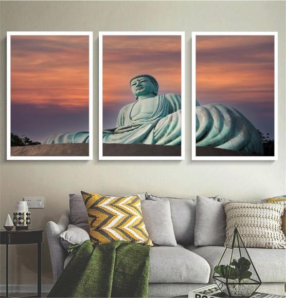 Kit 3 Quadros Decorativos Para Sala Quarto Buda Com Moldura