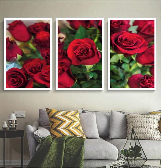 Kit 3 Quadros Decorativos Para Sala Rosas Vermelhas Moldura