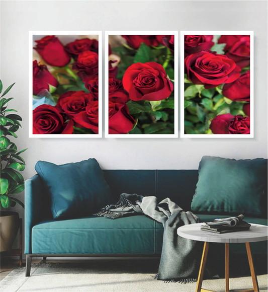 Kit 3 Quadros Decorativos Para Sala Rosas Vermelhas Moldura