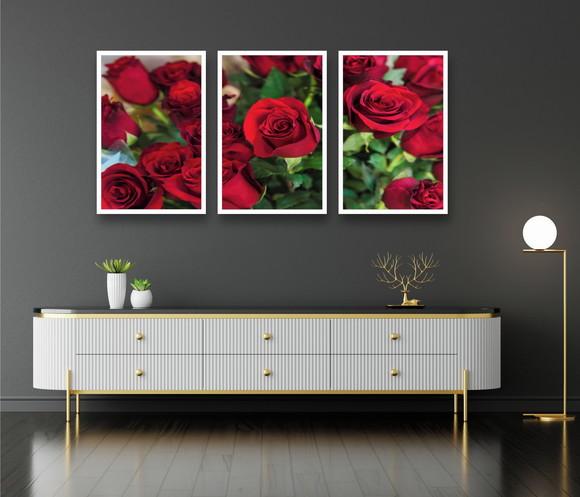 Kit 3 Quadros Decorativos Para Sala Rosas Vermelhas Moldura