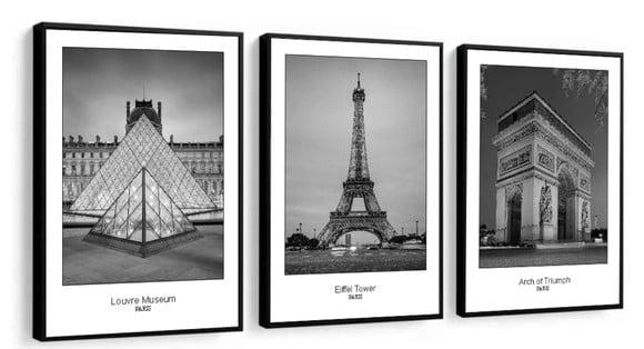 Kit 3 Quadros Decorativos Paris Preto e Branco Sala Moldura
