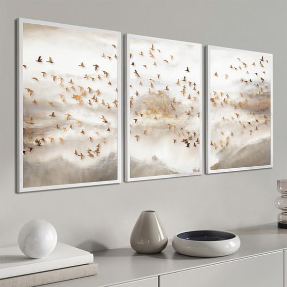 Kit 3 Quadros Decorativos Pássaros Dourados Abstrato Moldura