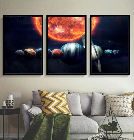 Kit 3 Quadros Decorativos Planeta Sistema Solar Com Moldura