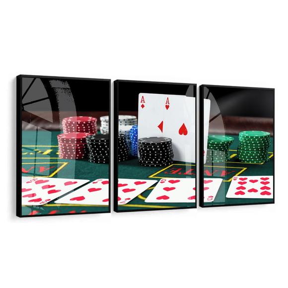Kit 3 Quadros Decorativos Poker Baralho Jogo Moldura e Vidro