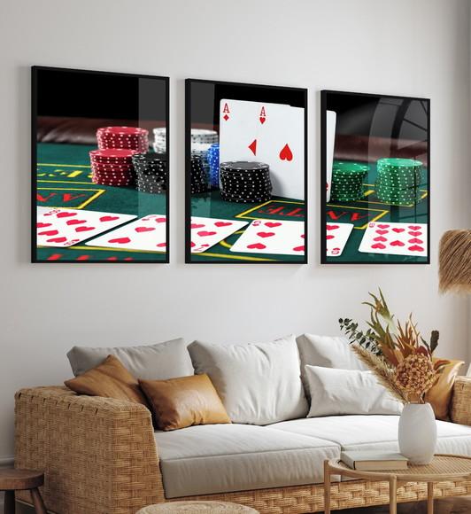 Kit 3 Quadros Decorativos Poker Baralho Jogo Moldura e Vidro