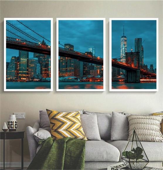 Kit 3 Quadros Decorativos Ponte Brooklyn Nova York Moderno