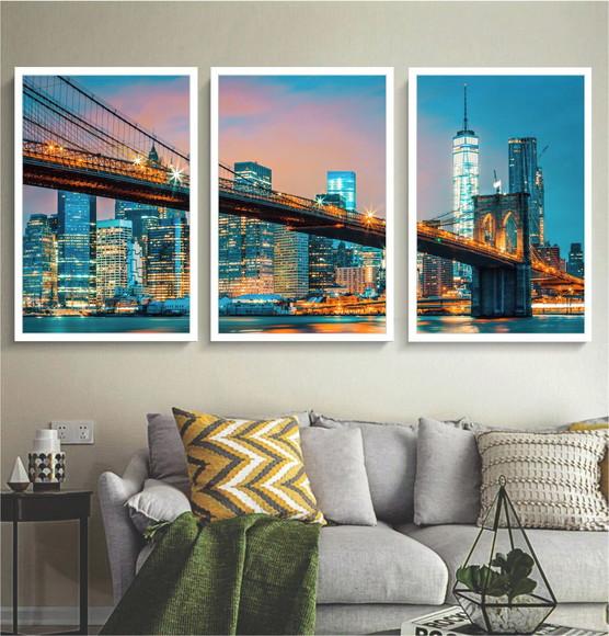 Kit 3 Quadros Decorativos Ponte Brooklyn Nova York Para Sala