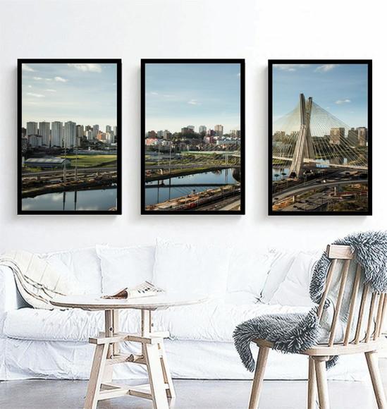 Kit 3 Quadros Decorativos Ponte Estaiada São Paulo Moldura