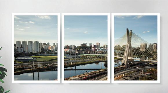 Kit 3 Quadros Decorativos Ponte Estaiada São Paulo Molduras