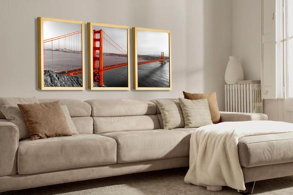 Kit 3 Quadros Decorativos Ponte Golden Gate Sala Com Moldura