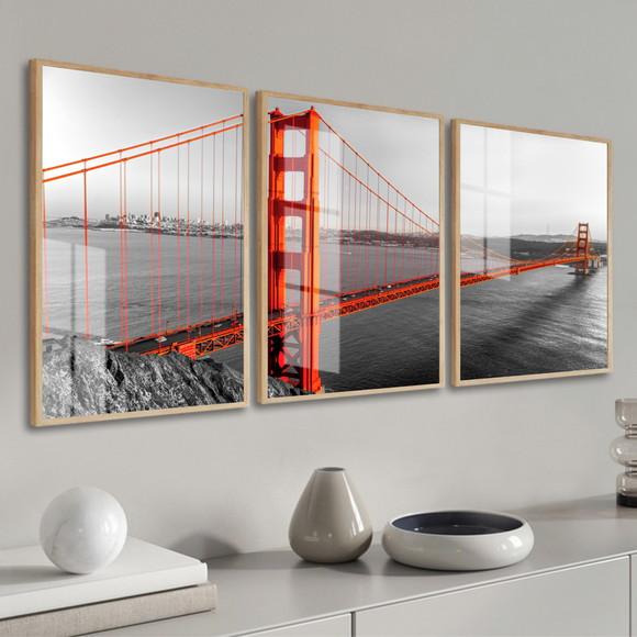 Kit 3 Quadros Decorativos Ponte São Francisco Moldura Vidro