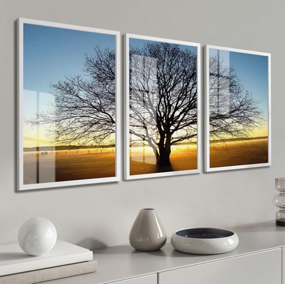 Kit 3 Quadros Decorativos Pôr do Sol Arvore Moldura e Vidro
