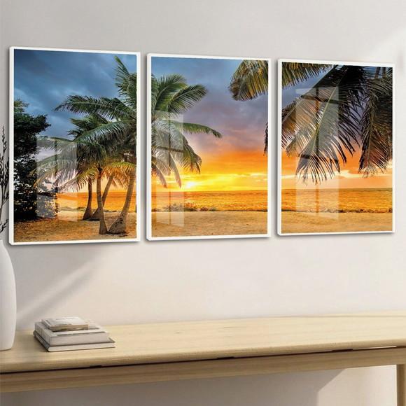 Kit 3 Quadros Decorativos Pôr do Sol Coqueiro Moldura Vidro