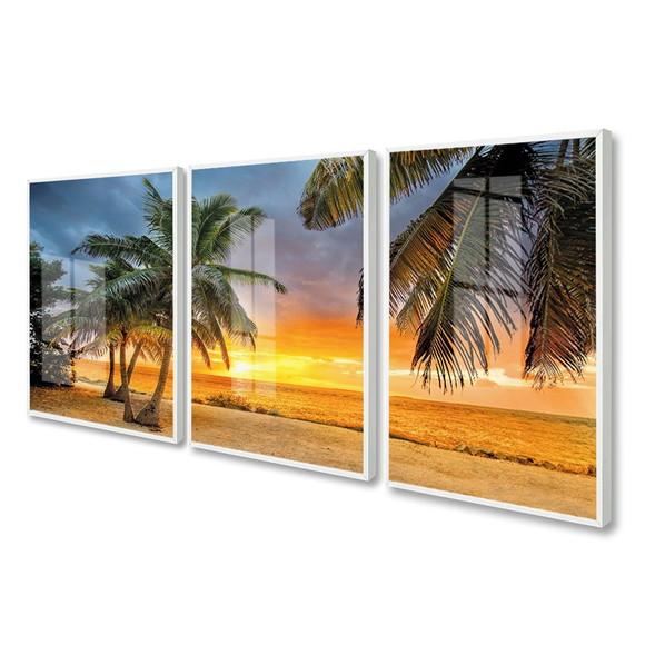 Kit 3 Quadros Decorativos Pôr do Sol Coqueiro Moldura Vidro