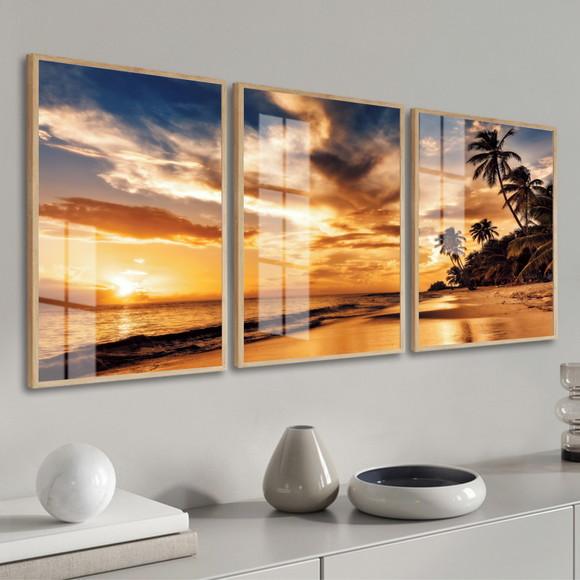 Kit 3 Quadros Decorativos Pôr Do Sol Mar Com Moldura E Vidro