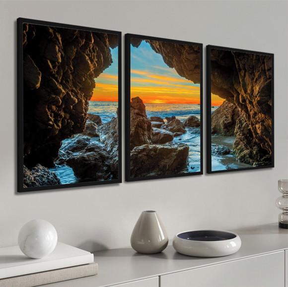 Kit 3 Quadros Decorativos Pôr do Sol Gruta Paisagem Moldura