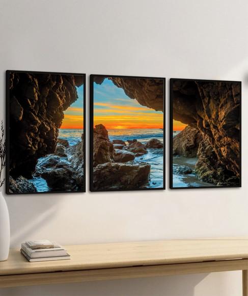 Kit 3 Quadros Decorativos Pôr do Sol Gruta Paisagem Moldura