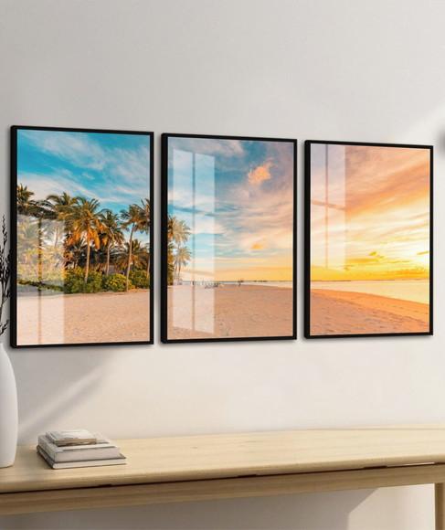 Kit 3 Quadros Decorativos Pôr do Sol Paisagem Moldura Vidro