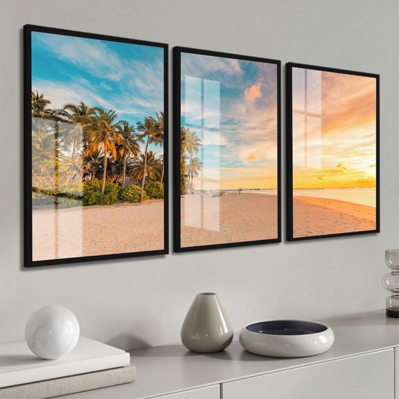 Kit 3 Quadros Decorativos Pôr do Sol Paisagem Moldura Vidro