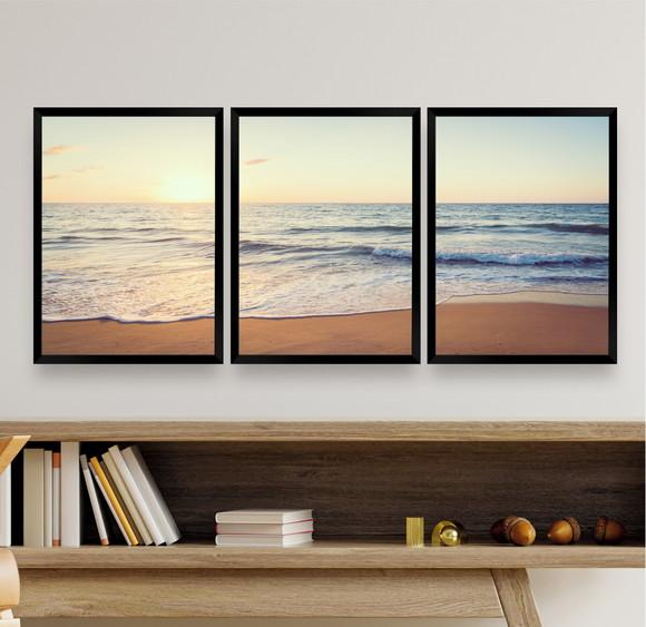 Kit 3 Quadros Decorativos Pôr Do Sol Paisagem Praia Moldura
