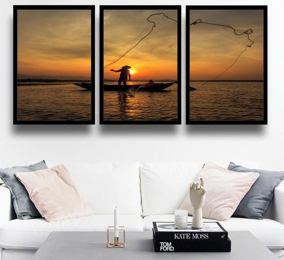 Kit 3 Quadros Decorativos Pôr Do Sol Pescador Praia Molduras