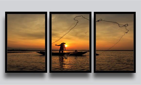 Kit 3 Quadros Decorativos Pôr Do Sol Pescador Praia Molduras