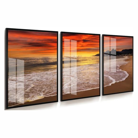 Kit 3 Quadros Decorativos Pôr do Sol Praia Moldura e Vidro