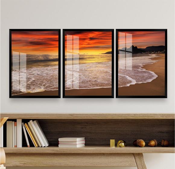 Kit 3 Quadros Decorativos Pôr do Sol Praia Moldura e Vidro