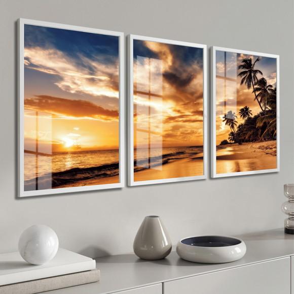 Kit 3 Quadros Decorativos Pôr Do Sol Praia Moldura E Vidro
