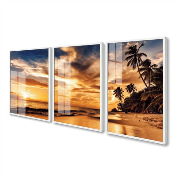 Kit 3 Quadros Decorativos Pôr Do Sol Praia Moldura E Vidro