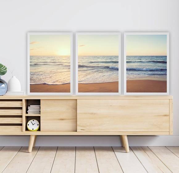 Kit 3 Quadros Decorativos Pôr Do Sol Praia Paisagem Moldura