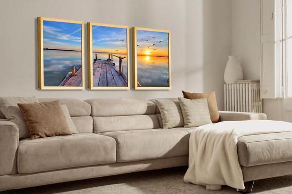 Kit 3 Quadros Decorativos Pôr Do Sol Praia Sala Com Moldura