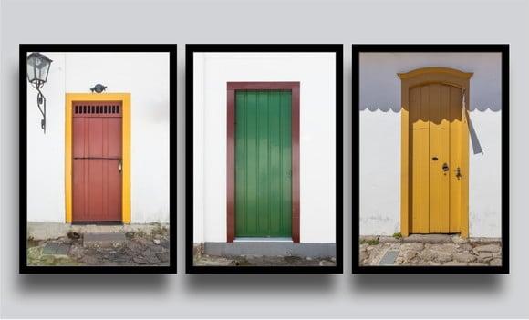 Kit 3 Quadros Decorativos Portas Composição Cidades Molduras