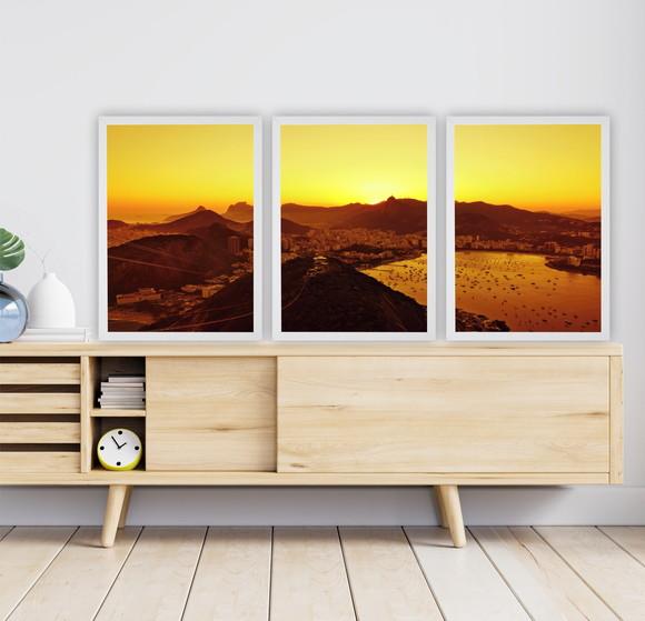 Kit 3 Quadros Decorativos Pôr Do Sol Rio De Janeiro Moldura