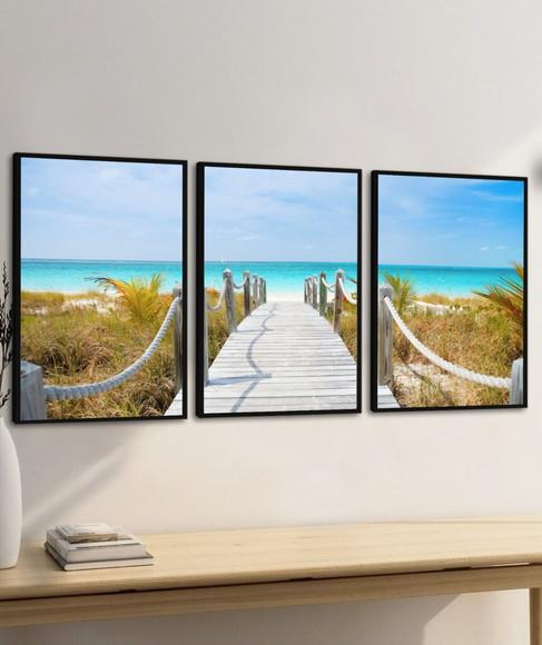 Kit 3 Quadros Decorativos Praia Azul Deck Paisagem Moldura