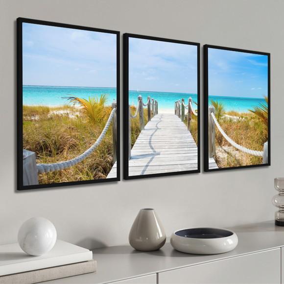 Kit 3 Quadros Decorativos Praia Azul Deck Paisagem Moldura