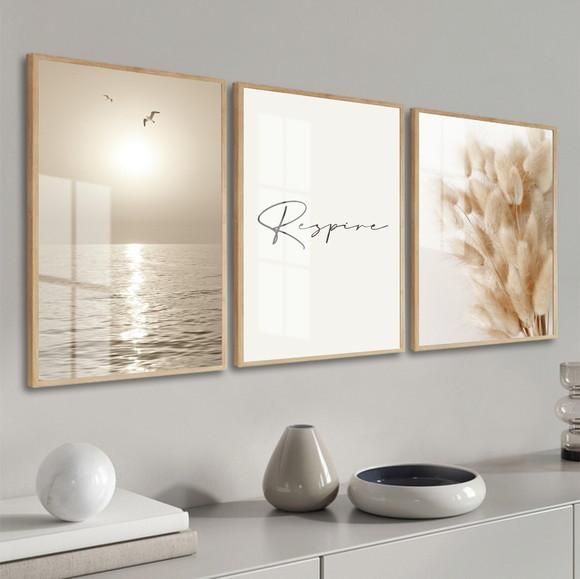 Kit 3 Quadros Decorativos Praia Boho Respire Moldura e Vidro