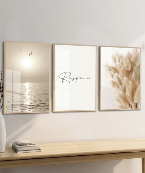 Kit 3 Quadros Decorativos Praia Boho Respire Moldura e Vidro