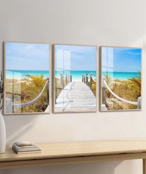 Kit 3 Quadros Decorativos Praia Deck Mar com Moldura e Vidro