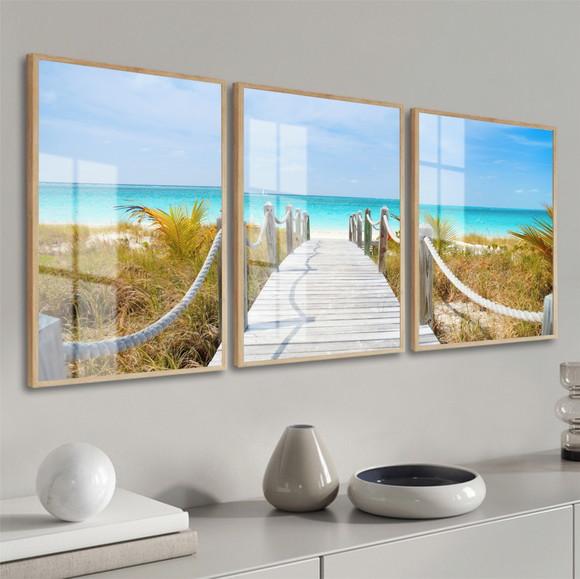 Kit 3 Quadros Decorativos Praia Deck Mar com Moldura e Vidro
