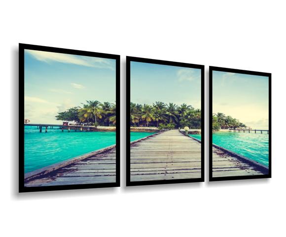 Kit 3 Quadros Decorativos Praia Deck Onda Maldivas Moldura
