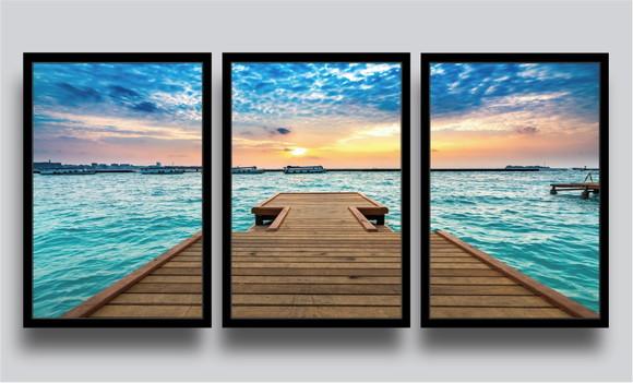 Kit 3 Quadros Decorativos Praia Deck Paisagem Com Moldura