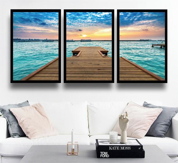 Kit 3 Quadros Decorativos Praia Deck Paisagem Com Moldura