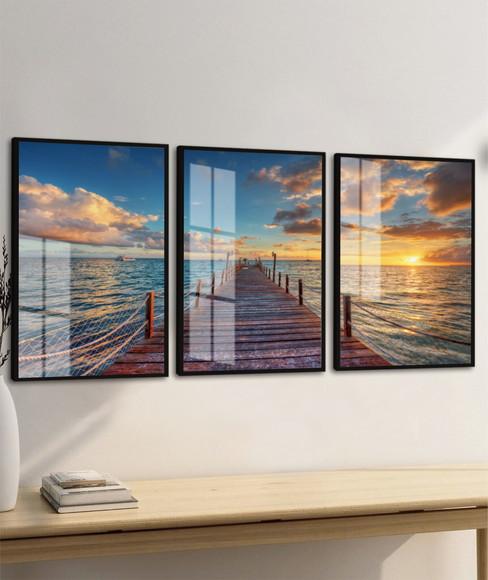 Kit 3 Quadros Decorativos Praia Deck Paisagem Moldura Vidro