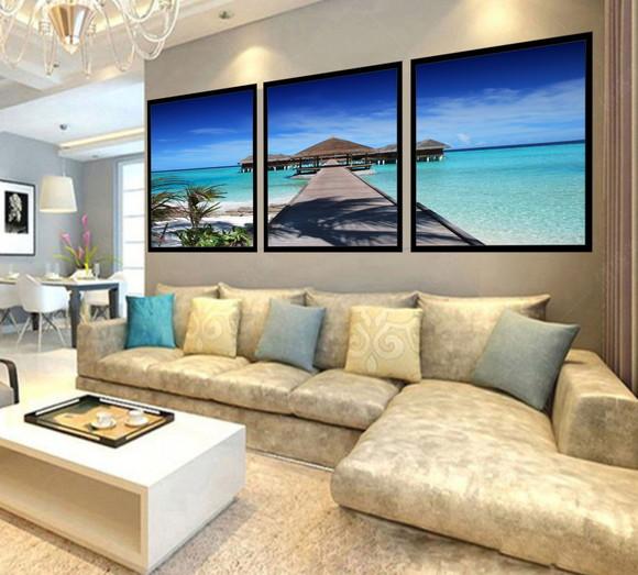 Kit 3 Quadros Decorativos Praia Deck Paisagem Sala Moldura