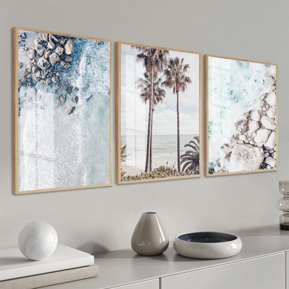 Kit 3 Quadros Decorativos Praia e Mar com Moldura e Vidro