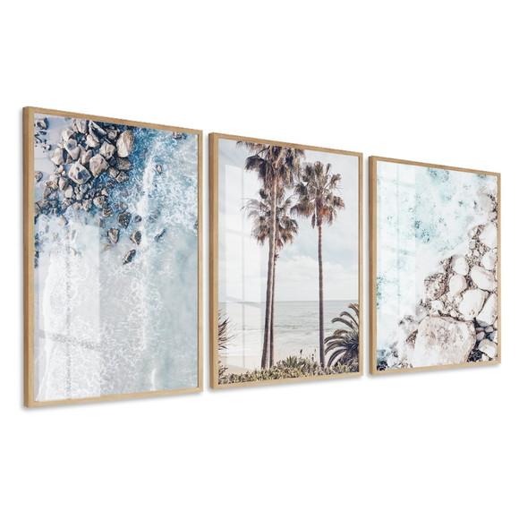 Kit 3 Quadros Decorativos Praia e Mar com Moldura e Vidro